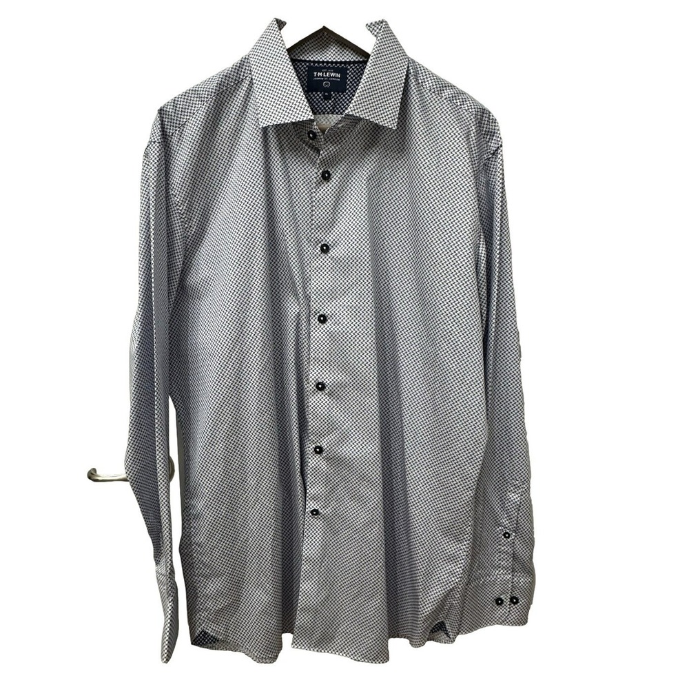 TM Lewin Button Down Shirt XL White Navy‎ Geometric Print Long Sleeve Career